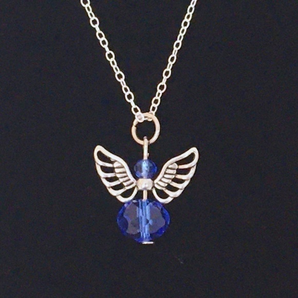 π
ΊSEPTEMBER Birthstone Necklace Sapphire Angel Pendant Silver Plate Chain - Picture 2 of 4